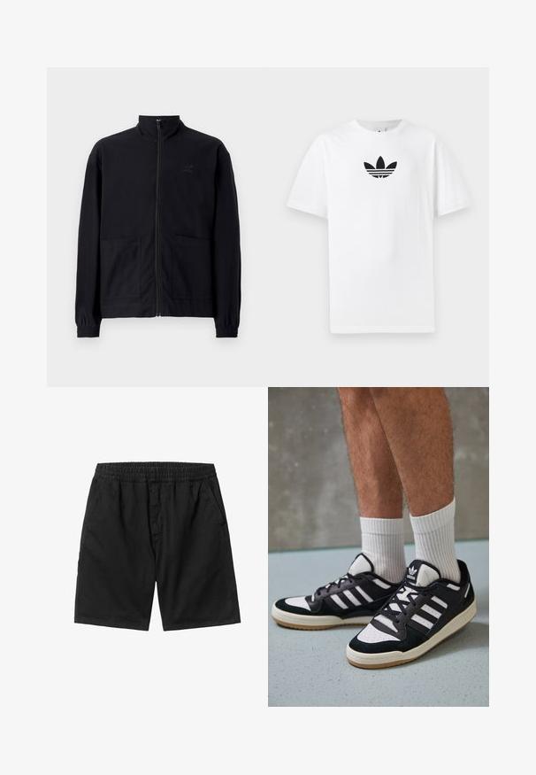 Schwarze Zip-Jacke aus strukturiertem Stoff mit Stehkragen, zwei Fronttaschen und elastischen Bündchen. Subtiler Logodruck.; Weißes Baumwoll-T-Shirt mit einem schwarzen Adidas-Logo in der Mitte. Kurze Ärmel und Rundhalsausschnitt. Glatte Textur.; Schwarze Shorts mit einem elastischen Bund, seitlichen Taschen und geradem Schnitt. Hergestellt aus einem leichten Stoff mit glatter Textur.; Schwarz-weiße Sneaker mit einem Obermaterial aus Wildleder und Leder, ausgestattet mit drei weißen Streifen, einer perforierten Zehenpartie und einer Sohle aus Gummi.