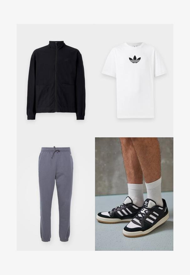 Čierna zapínacia bunda vyrobená z textúrovanej látky, s vysokým golierom, dvoma prednými vreckami a elastickými manžetami. Diskrétne logo.; Biely bavlnený tričko s čiernym logom Adidas v strede. Krátke rukávy a okrúhly výstrih. Hladká textúra.; Sivé flísové tepláky s pružným pásom a sťahovacou šnúrkou. Sťahované lemy a detail bočných vreciek. Mäkká textúra vhodná na bežné nosenie.; Čierno-biele tenisky s vrchom z semišu a kože, s troma bielymi pruhmi, perforovanou špičkou a gumovou podrážkou.