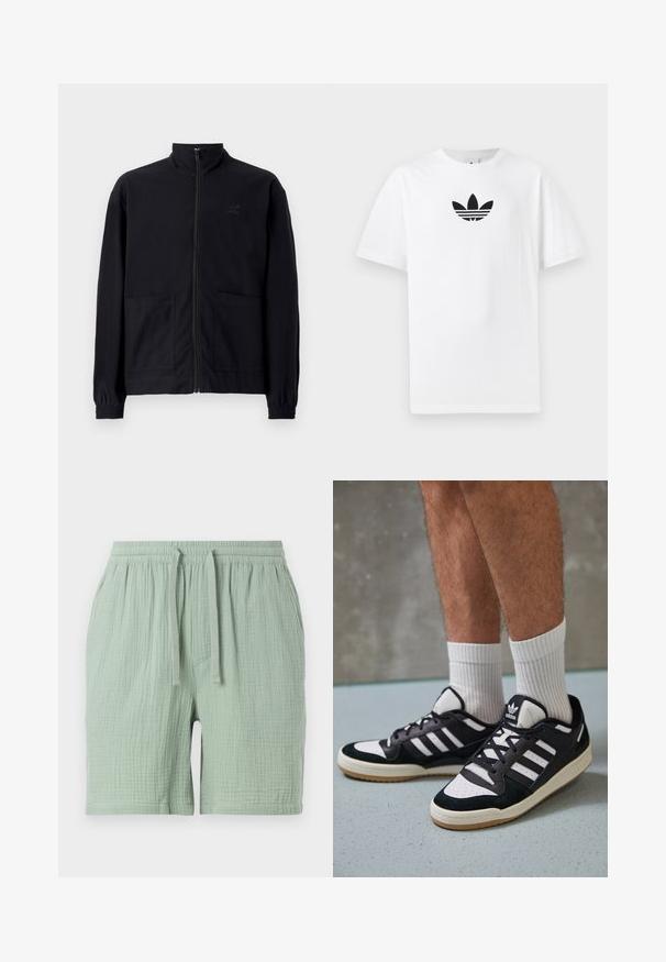 Črna jakna na zadrgo iz teksturirane tkanine z dvignjenim ovratnikom, dvema sprednjima žepoma in elastificiranimi manšeti. Diskretna podrobnost logotipa.; Bela bombažna majica s črnim logojem Adidas na sredini. Kratki rokavi in oblikovanje z okrog lim. Gladka tekstura.; Svetlozeleni bombažni kratki hlače z elastičnim pasom in vrvico. Teksturovan, nekoliko gubast material, z bočnim žepom.; Črno-bele superge z zgornjim delom iz usnja in nubuka, ki imajo tri bele črte, perforiran vrh prstov in podplat iz gume.