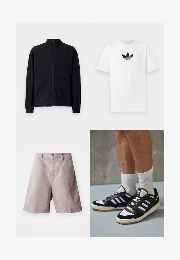 Črna jakna na zadrgo iz teksturirane tkanine z dvignjenim ovratnikom, dvema sprednjima žepoma in elastificiranimi manšeti. Diskretna podrobnost logotipa.; Bela bombažna majica s črnim logojem Adidas na sredini. Kratki rokavi in oblikovanje z okrog lim. Gladka tekstura.; Svijetloplave pamučne kratke hlače s ravnim pojasom, prednjim dugmadi za zatvaranje i bočnim džepovima. Glatka tekstura s opuštenim krojem.; Črno-bele superge z zgornjim delom iz usnja in nubuka, ki imajo tri bele črte, perforiran vrh prstov in podplat iz gume.