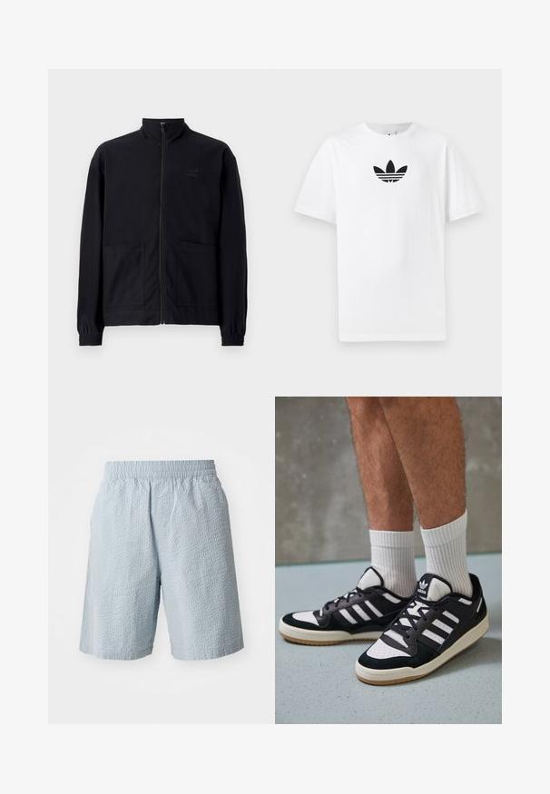 Sort zip-op jakke lavet af tekstureret stof med stående krave, to forlommer og elastiske manchetter. Diskret logo detalje.; Hvid bomulds T-shirt med et sort Adidas-logo i midten. Korte ærmer og rund halsudskæring. Glat tekstur.; Lyseblå shorts med en struktureret stof, elastisk talje og sidelommer. Designet har en løs pasform og en knælængde.; Sorte og hvide sneakers med en overdel i ruskind og læder, der har tre hvide striber, en perforeret tå og en sål i gummigummi.
