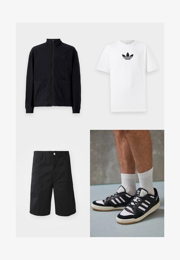 Čierna zapínacia bunda vyrobená z textúrovanej látky, s vysokým golierom, dvoma prednými vreckami a elastickými manžetami. Diskrétne logo.; Biely bavlnený tričko s čiernym logom Adidas v strede. Krátke rukávy a okrúhly výstrih. Hladká textúra.; Čierne bavlnené šortky so striktným strihom, pútkami na opasok, kovovým zapínaním a bez viditeľných vzorov alebo detailov.; Čierno-biele tenisky s vrchom z semišu a kože, s troma bielymi pruhmi, perforovanou špičkou a gumovou podrážkou.