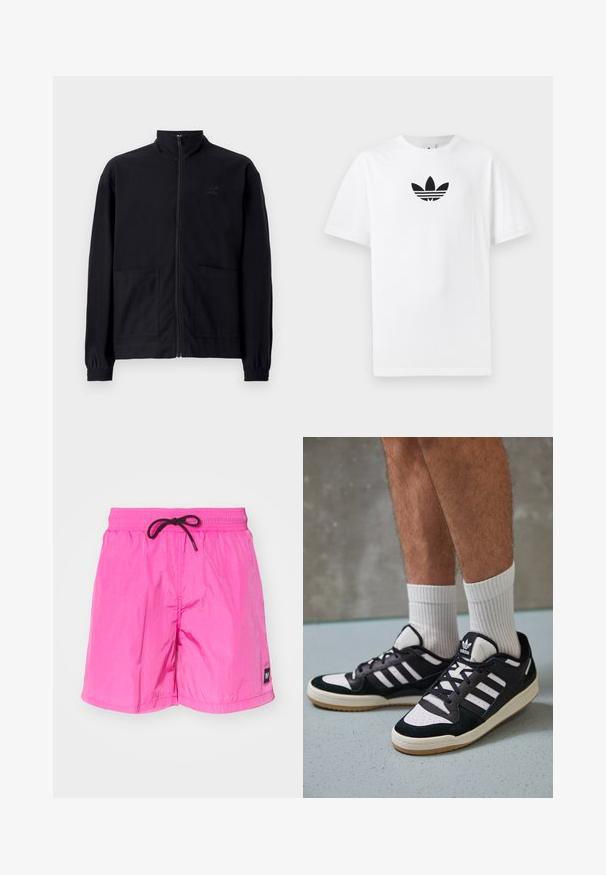Veste noire zippée en tissu texturé avec col montant, deux poches avant et poignets élastiqués. Détail logo discret.; T-shirt en coton blanc présentant un logo noir d'Adidas au centre. Manches courtes et décolleté rond. Texture lisse.; Shorts de bain légers et roses avec une taille élastique et un cordon noir. Présente une petite étiquette sur la jambe gauche. Texture lisse.; Baskets noir et blanc avec une tige en suède et cuir, comportant trois rayures blanches, un bout perforé et une semelle en caoutchouc gum.