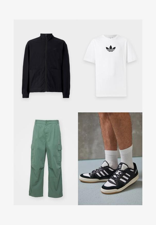 Fekete, cipzáros dzseki, textúrált anyagból, álló gallérral, két elülső zsebbel és rugalmas mandzsettával. Diszkrét logó részlet.; Fehér pamut póló, középen fekete Adidas logóval. Rövid ujjú és kerek nyakú kialakítással. Sima textúra.; Zöld vászon nadrág, amely pamutból készült, laza fazonú, széles lábakkal és oldalsó zsebekkel rendelkezik. Az anyag sima textúrájú, minta nélkül.; Fekete-fehér tornacipők velúr és bőr felsőrésszel, három fehér csíkkal, perforált orral és gumi talppal.