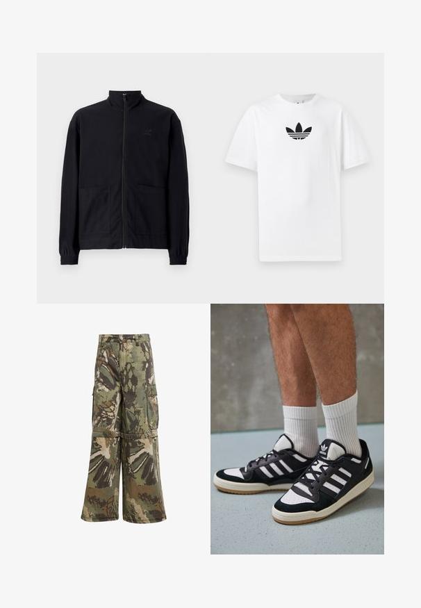 Čierna zapínacia bunda vyrobená z textúrovanej látky, s vysokým golierom, dvoma prednými vreckami a elastickými manžetami. Diskrétne logo.; Biely bavlnený tričko s čiernym logom Adidas v strede. Krátke rukávy a okrúhly výstrih. Hladká textúra.; Maskáčové cargo nohavice s širokým strihom, vyrobené z odolnej látky v zelených, hnedých a béžových odtieňoch, s cargo vreckami a gombíkovým zapínaním.; Čierno-biele tenisky s vrchom z semišu a kože, s troma bielymi pruhmi, perforovanou špičkou a gumovou podrážkou.