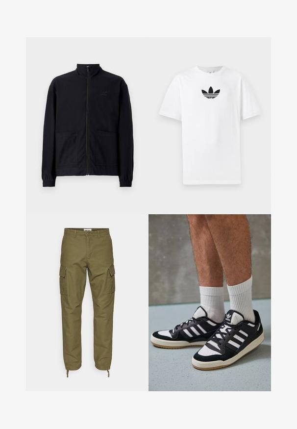 Černá zipová bunda vyrobená z texturované tkaniny, s vysokým límcem, dvěma předními kapsami a elastickými manžetami. Jemný detail loga.; Bílá bavlněná tričko s černým logem Adidas uprostřed. Krátký rukáv a design s kulatým výstřihem. Hladká textura.; Olivově zelené cargo kalhoty vyrobené z bavlny, se dvěma bočními kapsami, šňůrkovými manžetami na kotnících a knoflíkovým zapínáním v pase.; Černobílé tenisky s vrchní částí z semišové a kožené kůže, včetně tří bílých pruhů, perforovaného špičky a podrážky z gumy.