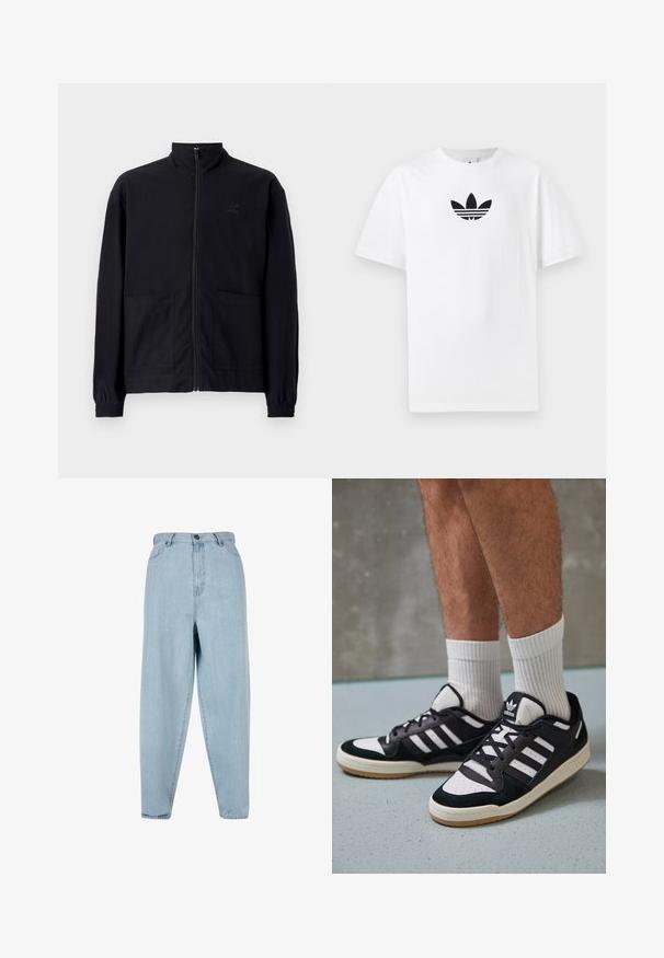 Černá zipová bunda vyrobená z texturované tkaniny, s vysokým límcem, dvěma předními kapsami a elastickými manžetami. Jemný detail loga.; Bílá bavlněná tričko s černým logem Adidas uprostřed. Krátký rukáv a design s kulatým výstřihem. Hladká textura.; Světlé modré džíny s vysokým pasem a volným střihem. Obsahují přední knoflík, zip a design s pěti kapsami. Materiál je mírně vybledlý.; Černobílé tenisky s vrchní částí z semišové a kožené kůže, včetně tří bílých pruhů, perforovaného špičky a podrážky z gumy.