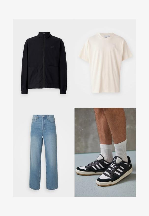 Čierna zapínacia bunda vyrobená z textúrovanej látky, s vysokým golierom, dvoma prednými vreckami a elastickými manžetami. Diskrétne logo.; Krémové bavlnené tričko s okrúhlym výstrihom a krátkymi rukávmi; má malé, svetlého odtieňa logo na hrudi.; Svetlo modré riflové džínsy s vysokým pásom a rovnými nohavicami, s predným zapínaním na gombík a piatimi vreckami na plnom pozadí.; Čierno-biele tenisky s vrchom z semišu a kože, s troma bielymi pruhmi, perforovanou špičkou a gumovou podrážkou.