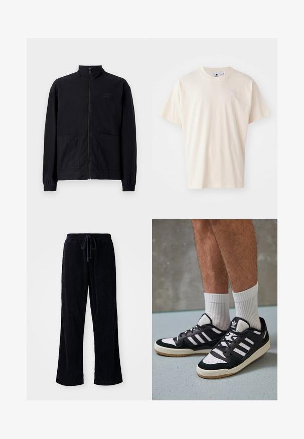 Veste noire zippée en tissu texturé avec col montant, deux poches avant et poignets élastiqués. Détail logo discret.; T-shirt en coton crème avec un col rond et des manches courtes ; présente un petit logo de couleur claire sur la poitrine.; Pantalon en velours côtelé noir avec une coupe ample, dotés d'une taille élastique et d'un cordon de serrage. La texture est côtelée et le tissu semble doux.; Baskets noir et blanc avec une tige en suède et cuir, comportant trois rayures blanches, un bout perforé et une semelle en caoutchouc gum.