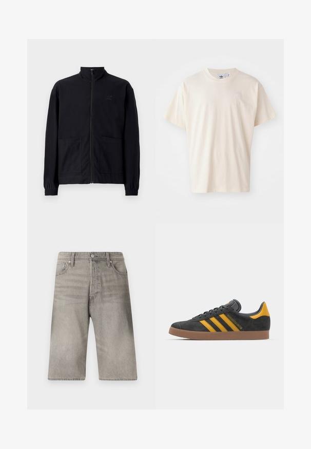Svart zip-up jakke laget av teksturert stoff med stående krage, to frontlommer og elastiske mansjetter. Diskret logo detalj.; Kremfarget bomullst-skjorte med rund hals og korte ermer; har en liten, lysfarget logo på brystet.; Grå denimshorts med rett benklipp, med knappestolpe, fem lommer og subtil falming over stoffet.; Sort skinnesko i svart semsket skinn med gule detaljer, med tre striper og en brun gummisåle. Inkluderer en polstret tunge for komfort.