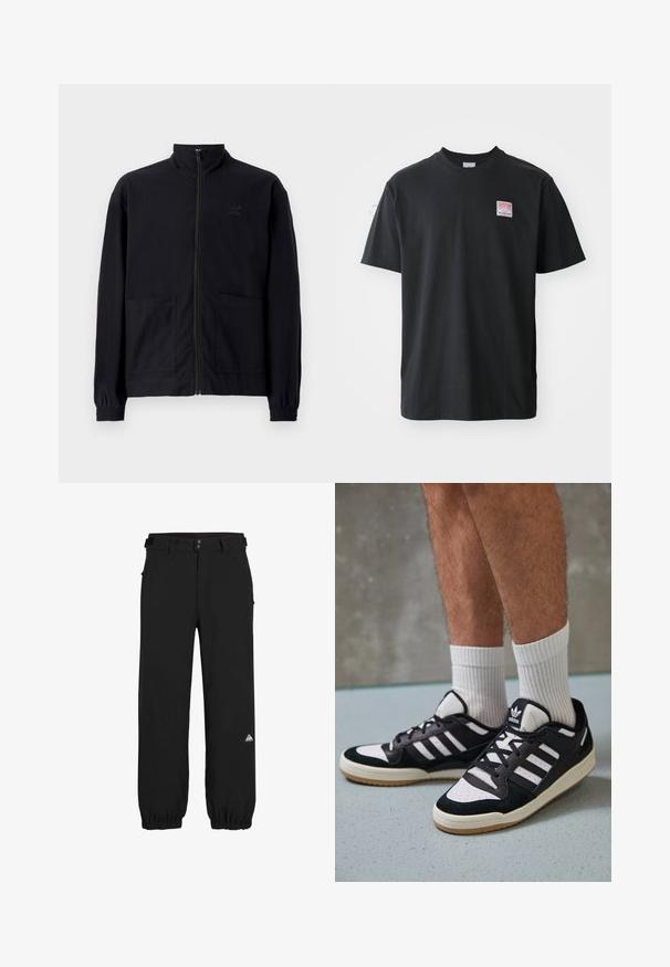 Černá zipová bunda vyrobená z texturované tkaniny, s vysokým límcem, dvěma předními kapsami a elastickými manžetami. Jemný detail loga.; Černé bavlněné tričko s kulatým výstřihem, krátkými rukávy a malou barevnou nálepkou na levé straně hrudi, která nese slovo "SUPERIOR."; Černé kalhoty vyrobené z lehkého materiálu, s uvolněným střihem, elastickými manžetami, poutky na opasek a malým barevným logem na dolní části nohy.; Černobílé tenisky s vrchní částí z semišové a kožené kůže, včetně tří bílých pruhů, perforovaného špičky a podrážky z gumy.