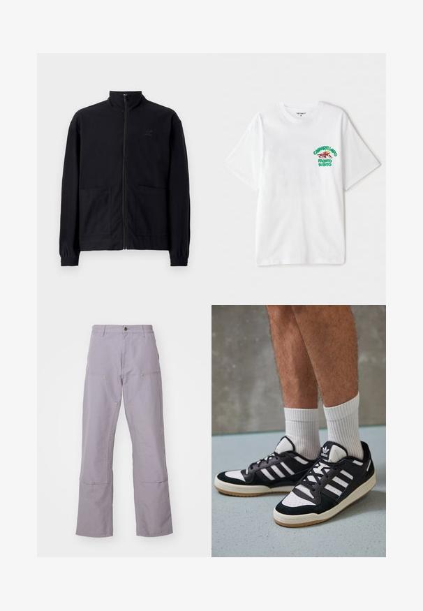 Jachetă zip-up neagră, realizată dintr-un material texturat, cu guler în picioare, două buzunare frontale și manșete elastice. Detaliu subtil cu logo.; Tricou alb din bumbac cu un text grafic verde și roșu pe pieptul stâng, care spune "cashart Who Pronto Subito." Mâneci scurte.; Pantaloni mov deschis cu un design drept, având două buzunare frontale și cusături decorative. Confecționați dintr-un material de bumbac durabil.; Adidași negri și albi cu un superior din suede și piele, prevăzuți cu trei dungi albe, un vârf perforat și o talpă din cauciuc caramel.