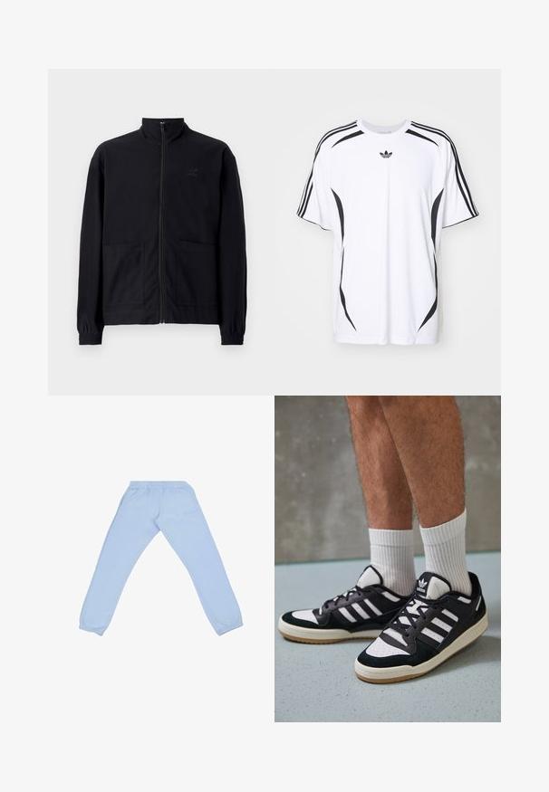 Black zip-up jacket made of textured fabric featuring a standing collar, two front pockets, and elasticized cuffs. Subtle logo detail.; White short-sleeve t-shirt featuring black side accents and three black stripes on shoulders. Includes small black logo on chest.; Light blue sweatpants made of a soft material, featuring an elastic waistband, tapered legs, and a subtle logo detail on the side.; Black and white sneakers with a suede and leather upper, featuring three white stripes, a perforated toe, and a gum rubber sole.