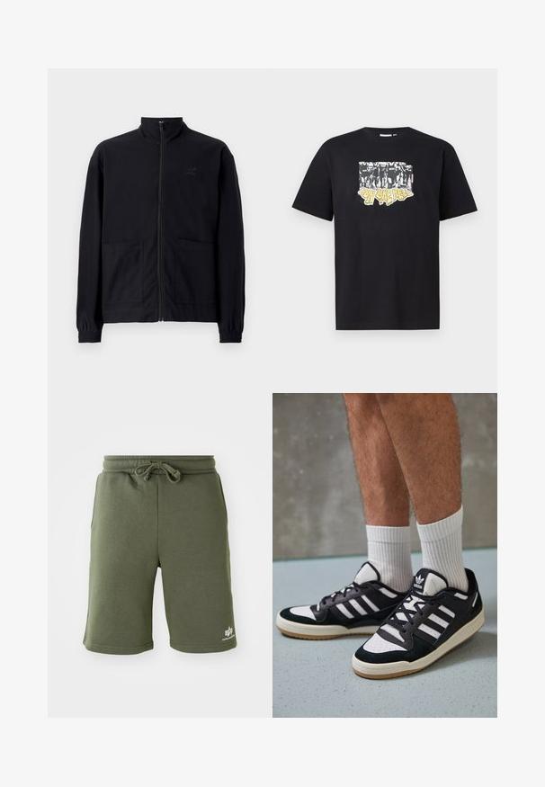 Črna jakna na zadrgo iz teksturirane tkanine z dvignjenim ovratnikom, dvema sprednjima žepoma in elastificiranimi manšeti. Diskretna podrobnost logotipa.; Črna bombažna majica s thatsko grafiko v beli in rumeni barvi, ki vsebuje besedilo "IRON LIKE HELL" in obliko silhuet.; Olivno zeleni šortsi iz mehkega blaga, z vrvico v pasu, stranskimi žepi in natisnjeno logotipom na spodnji desni strani.; Črno-bele superge z zgornjim delom iz usnja in nubuka, ki imajo tri bele črte, perforiran vrh prstov in podplat iz gume.