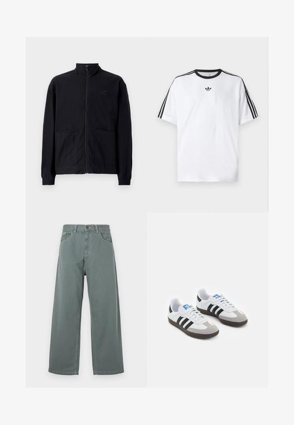Schwarze Zip-Jacke aus strukturiertem Stoff mit Stehkragen, zwei Fronttaschen und elastischen Bündchen. Subtiler Logodruck.; Weißes T-Shirt aus Baumwolle mit einem schwarzen, runden Halsausschnitt und drei schwarzen Streifen auf jeder Schulter. Kleines schwarzes Logo auf der Brust.; Weite Hosen aus muted grünem Baumwollstoff mit einem klassischen Bund, Gürtelschlaufen, vorderen Taschen und kontrastierenden Nähdetails.; Sportschuhe mit einem Obermaterial aus weißem Leder, grauer Wildleder-Zehenkappe und drei schwarzen Streifen. Sie verfügen über ein blaues Logo auf der Zunge und eine strukturierte Gummisohle.
