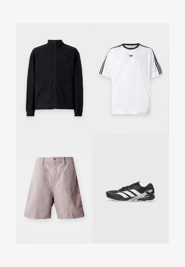 Čierna zapínacia bunda vyrobená z textúrovanej látky, s vysokým golierom, dvoma prednými vreckami a elastickými manžetami. Diskrétne logo.; Biela tričko vyrobené z bavlny, so čiernym okrúhlym výstrihom a tromi čiernymi pruhmi na každom pleci. Malé čierne logo na hrudi.; Svetlofialové bavlnené šortky s plochým pásom, predným zapínaním na gombík a bočnými vreckami. Hladká textúra a voľný strih.; Čierna športová obuv s bielymi pruhmi, sieťovinový zvršok, zaoblená špička a polstrovaná podrážka. Obsahuje štruktúrovaný opätok a bezpečný systém šnurovania.