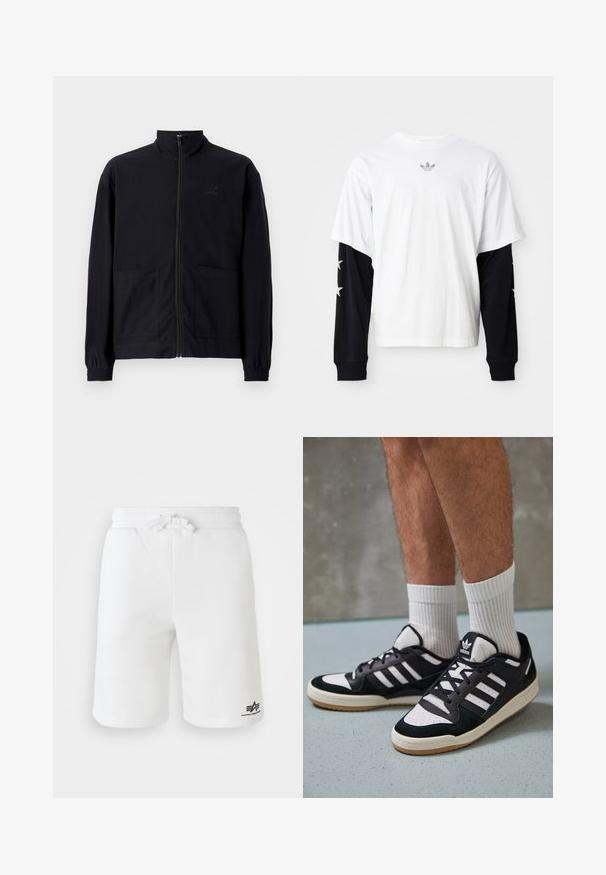 Black zip-up jacket made of textured fabric featuring a standing collar, two front pockets, and elasticized cuffs. Subtle logo detail.; White short-sleeve T-shirt with black long sleeves. Black sleeves feature white star patterns. Soft cotton material, relaxed fit.; White cotton shorts with an elastic waistband and drawstring. Features a printed logo on the lower left side and a smooth texture.; Black and white sneakers with a suede and leather upper, featuring three white stripes, a perforated toe, and a gum rubber sole.