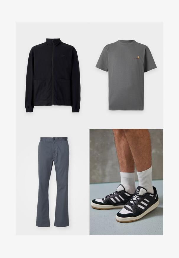 Black zip-up jacket made of textured fabric featuring a standing collar, two front pockets, and elasticized cuffs. Subtle logo detail.; Gray short-sleeve t-shirt made of cotton; features a subtle logo in orange and burgundy on the chest. Basic crew neck design.; Dark gray, straight-leg pants made of cotton blend, featuring a front button closure, belt loops, and standard pockets. Smooth texture.; Black and white sneakers with a suede and leather upper, featuring three white stripes, a perforated toe, and a gum rubber sole.