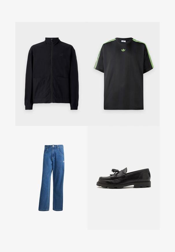 Černá zipová bunda vyrobená z texturované tkaniny, s vysokým límcem, dvěma předními kapsami a elastickými manžetami. Jemný detail loga.; Černé tričko vyrobené z hladké tkaniny s kulatým výstřihem, s třemi zelenými pruhy na ramenou a malým zeleným logem na hrudi.; Modré vysoké široké džíny s vysokým pasem, předními kapsami, poutky na opasek, knoflíkovým zapínáním a malým logem Adidas na pravém stehně.; Černé kožené mokasíny s designem mokasín, zdobené frndou a třásněmi, texturovaným povrchem a robustní gumovou podrážkou.