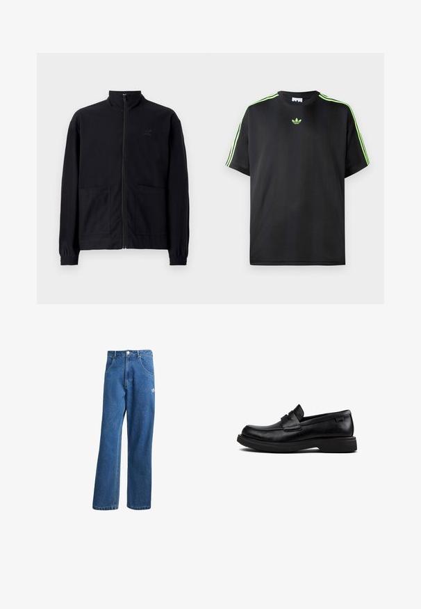 Black zip-up jacket made of textured fabric featuring a standing collar, two front pockets, and elasticized cuffs. Subtle logo detail.; Black T-shirt made of smooth fabric with a crew neckline, featuring three green stripes on the shoulders and a small green logo on the chest.; Blue denim jeans with a wide-leg silhouette, featuring a front waistband button, side pockets, and a small white logo on the left leg.; Black leather slip-on loafer with rounded toe, low sole, and decorative strap across the upper.