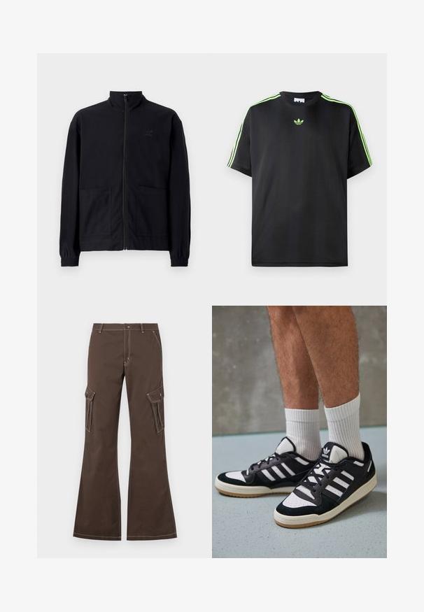 Mustast zip-up jakkidest, mis on valmistatud tekstureeritud kangast, on püstkaelus, kaks esist taskut ja elastsed mansetid. Diskreetne logo detail.; Mustade särk, mis on valmistatud siledast kangast, ümmarguse kaelusega, millel on kolm roheline triipu õlgadel ja väike roheline logo rinnal.; Prune cargo püksid laienevate jalgadega, küljetaskudega, valgete õmbluste aktsentidega ja metallist nööp sulgemisega.; Mustvalged ja valged spordijalatsid, mille pealmine osa on valmistatud suede'ist ja nahast. Kingadel on kolm valget riba, auguline varvas ja kummist tald.