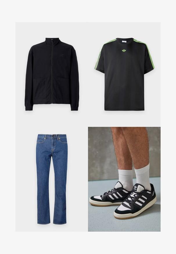 Black zip-up jacket made of textured fabric featuring a standing collar, two front pockets, and elasticized cuffs. Subtle logo detail.; Black T-shirt made of smooth fabric with a crew neckline, featuring three green stripes on the shoulders and a small green logo on the chest.; Blue denim straight-leg jeans featuring a button closure, belt loops, and five pockets with subtle stitching details.; Black and white sneakers with a suede and leather upper, featuring three white stripes, a perforated toe, and a gum rubber sole.