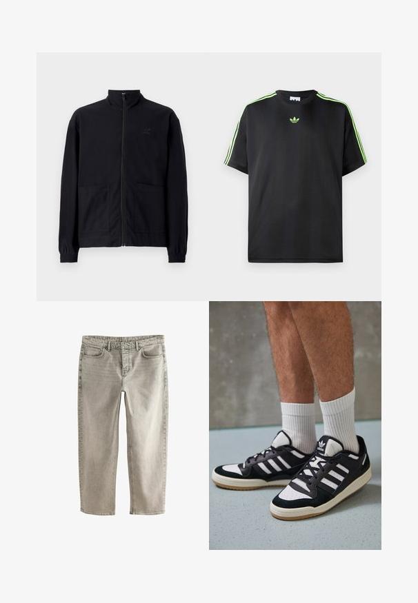 Musta vetoketjullinen takki, joka on valmistettu teksturoidusta kankaasta. Takissa on pystykaulus, kaksi etutaskua ja elastiset hihansuut. Huomaamaton logotyyli.; Mustat T-paita, joka on valmistettu sileästä kankaasta ja jossa on pyöreä kaula-aukko. Paidassa on kolme vihreää raitaa olkapäissä ja pieni vihreä logo rinnassa.; Harmaat farkut suoran lahkeen designilla, viisi taskua ja ommeltuja yksityiskohtia. Ominaisuuksiin kuuluvat normaali vyötärö ja vetoketjukiinnitys.; Valkoiset ja mustat tennarit, joissa on mokkanahka- ja nahkapäällinen, kolme valkoista raitaa, rei'itetty kärki ja kumipohja.