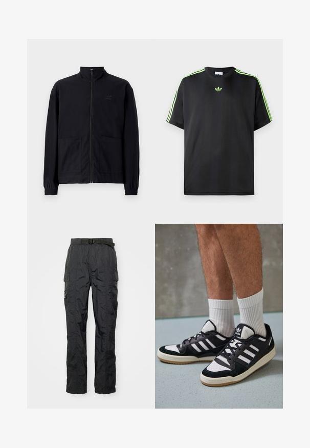 Černá zipová bunda vyrobená z texturované tkaniny, s vysokým límcem, dvěma předními kapsami a elastickými manžetami. Jemný detail loga.; Černé tričko vyrobené z hladké tkaniny s kulatým výstřihem, s třemi zelenými pruhy na ramenou a malým zeleným logem na hrudi.; Černé cargo kalhoty z lehkého, strukturovaného materiálu. Mezi rysy patří pásek, boční kapsy a detaily šití. Standardní střih.; Černobílé tenisky s vrchní částí z semišové a kožené kůže, včetně tří bílých pruhů, perforovaného špičky a podrážky z gumy.