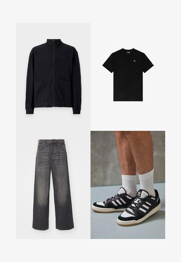 Črna jakna na zadrgo iz teksturirane tkanine z dvignjenim ovratnikom, dvema sprednjima žepoma in elastificiranimi manšeti. Diskretna podrobnost logotipa.; Črna bombažna majica s krožnim izrezom, kratkimi rokavi, ki ima majhen bel logotip na levem prsnem delu in brez dodatnih vzorcev ali dodatkov.; Široke hlače z visokim pasom v zbledeli črni denimu. Imajo pet žepov in kovinske dodatke. Gladka tekstura z diskretnimi detajli whiskeringa.; Črno-bele superge z zgornjim delom iz usnja in nubuka, ki imajo tri bele črte, perforiran vrh prstov in podplat iz gume.
