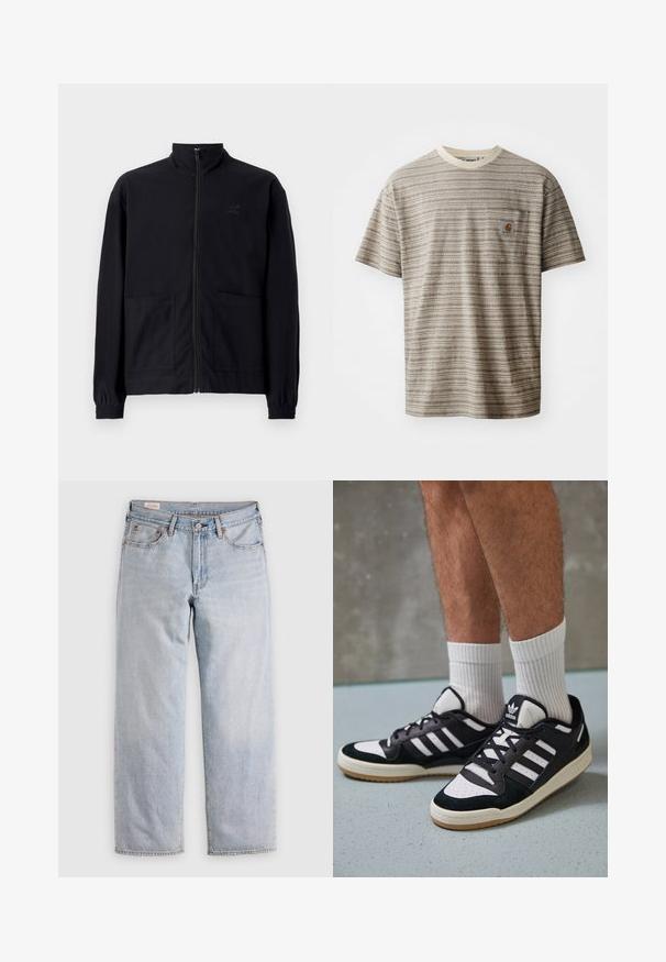 Μαύρο μπουφάν με φερμουάρ από υφασμάτινη υφή, διαθέτει όρθιο γιακά, δύο μπροστινές τσέπες και ελαστικούς ρυθμιστές στους καρπούς. Διακριτική λεπτομέρεια λογότυπου.; T-shirt με κοντά μανίκια σε ρίγες σε μπεζ και καφέ, με στρογγυλή λαιμόκοψη και τσέπη στο στήθος με λογότυπο. Υφασμάτινη επιφάνεια.; Ανοιχτό μπλε τζιν με ίσια γραμμή, ψηλή μέση, κλείσιμο με κουμπί και μπροστινές και πίσω τσέπες, τοποθετημένα σε επίπεδη επιφάνεια.; Μαύρα και λευκά αθλητικά παπούτσια με άνω μέρος από σουέτ και δέρμα, featuring τρεις λευκές ρίγες, περατά δάχτυλα και σόλα από καουτσούκ τύπου γκαστ.