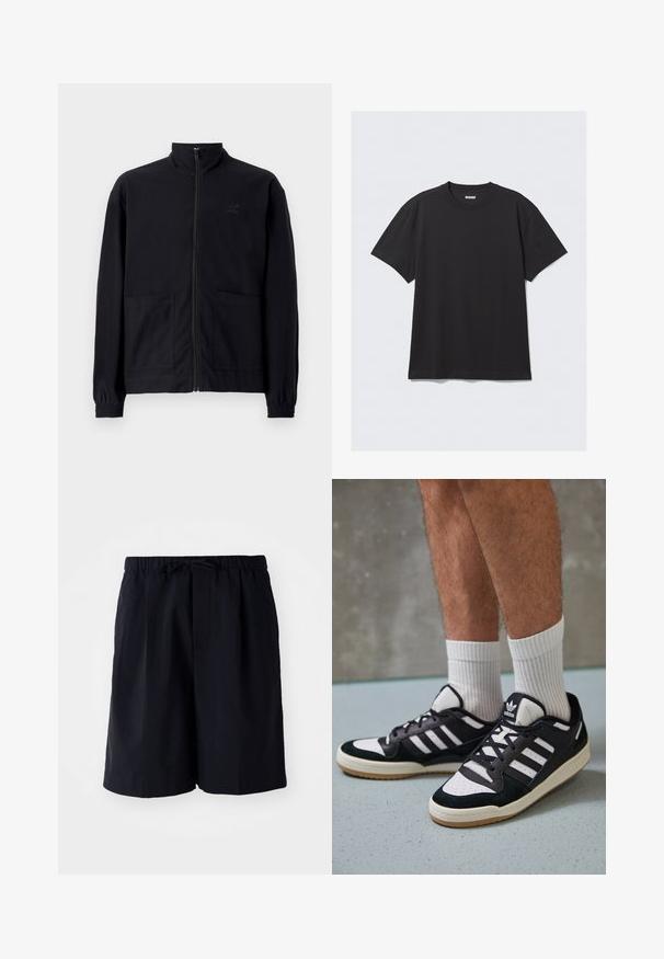 Mustast zip-up jakkidest, mis on valmistatud tekstureeritud kangast, on püstkaelus, kaks esist taskut ja elastsed mansetid. Diskreetne logo detail.; Must sõnumit särk lühikeste varrukate ja puuvillase kangaga. Omab ümarat kaelust ja lõdva istuvust. Lihtne disain, ilma mustrite või aktsentideta.; Tumesinised lühikesed püksid, mis on valmistatud kergete kangast, elastse vöökoha ja nööriga, kahte küljetaskut ning sirge lõikega.; Mustvalged ja valged spordijalatsid, mille pealmine osa on valmistatud suede'ist ja nahast. Kingadel on kolm valget riba, auguline varvas ja kummist tald.