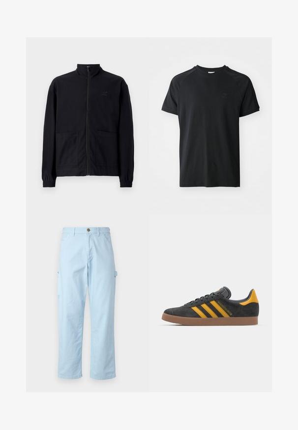 Black zip-up jacket made of textured fabric featuring a standing collar, two front pockets, and elasticized cuffs. Subtle logo detail.; Black cotton t-shirt with a crew neck, short sleeves, and raglan design. Features a textured logo on the left chest. Smooth finish.; Light blue cargo pants made of soft cotton with a straight cut, featuring side pockets and a button closure at the waist.; Black suede sneaker with yellow accents, featuring three stripes and a brown rubber sole. Includes a padded tongue for comfort.