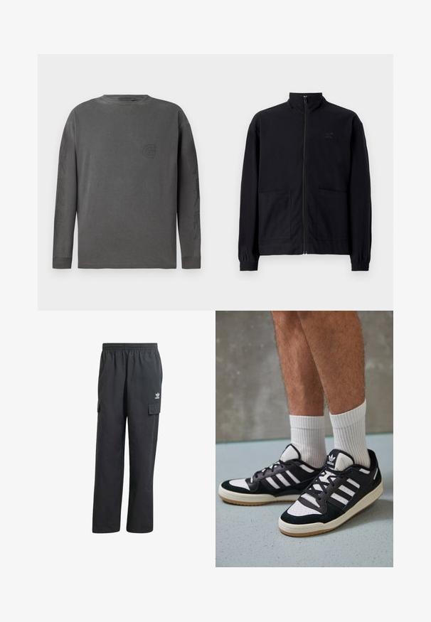 Crna jakna na patent s teksturiranim materijalom koja ima stojeći ovratnik, dva prednja džepa i elastične manžete. Suptilan detalj s logotipom.; Siva dugmadna majica dugih rukava od mješavine pamuka, s okruglim izrezom, koja ima suptilan logotip i apstraktne uzorke na rukavima; mekana tekstura.; Crne cargo hlače s elastičnim pojasom, dva bočna džepa i suptilan logo na lijevom bedru. Izrađene su od lagane tkanine.; Crne i bijele tenisice s gornjim dijelom od antilopa i kože, s tri bijele pruge, perforiranim prstom i gumiranim potplatom.