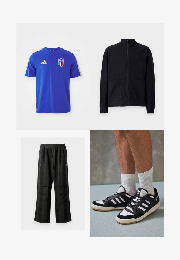 Jachetă zip-up neagră, realizată dintr-un material texturat, cu guler în picioare, două buzunare frontale și manșete elastice. Detaliu subtil cu logo.; Tricou din bumbac albastru cu mâneci scurte, cu un guler rotund, trei dungi albe Adidas pe umeri și un logo Italia cu accente.; Pantaloni cu un model carourile negre, având talie elastică, două buzunare frontale și un croi lejer cu picioare drepte. Construiți dintr-un material ușor.; Adidași negri și albi cu un superior din suede și piele, prevăzuți cu trei dungi albe, un vârf perforat și o talpă din cauciuc caramel.