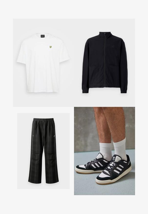 Svart zip-up jakke laget av teksturert stoff med stående krage, to frontlommer og elastiske mansjetter. Diskret logo detalj.; Hvit bomull t-skjorte med korte ermer, rund hals og en liten gul fuglelogo brodert på venstre bryst.; Svarte rutete bukser med elastisk midje, to frontlommer og løs passform med rett ben-design. Laget av lett materiale.; Sorte og hvite sneakers med overdel i semsket skinn og lær, med tre hvite striper, perforert tå og en såle av gummi.