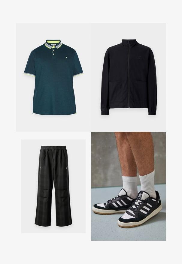 Černá zipová bunda vyrobená z texturované tkaniny, s vysokým límcem, dvěma předními kapsami a elastickými manžetami. Jemný detail loga.; Tmavě modré polo tričko s dvoubarevným zapínáním. Obsahuje kontrastní neonově zelený límec a akcenty na rukávech. Měkká tkanina s klasickým střihem.; Černé kostkované kalhoty s elastickým pasem, dvěma předními kapsami a volným střihem se rovnými nohavicemi. Vyrobeny z lehkého materiálu.; Černobílé tenisky s vrchní částí z semišové a kožené kůže, včetně tří bílých pruhů, perforovaného špičky a podrážky z gumy.
