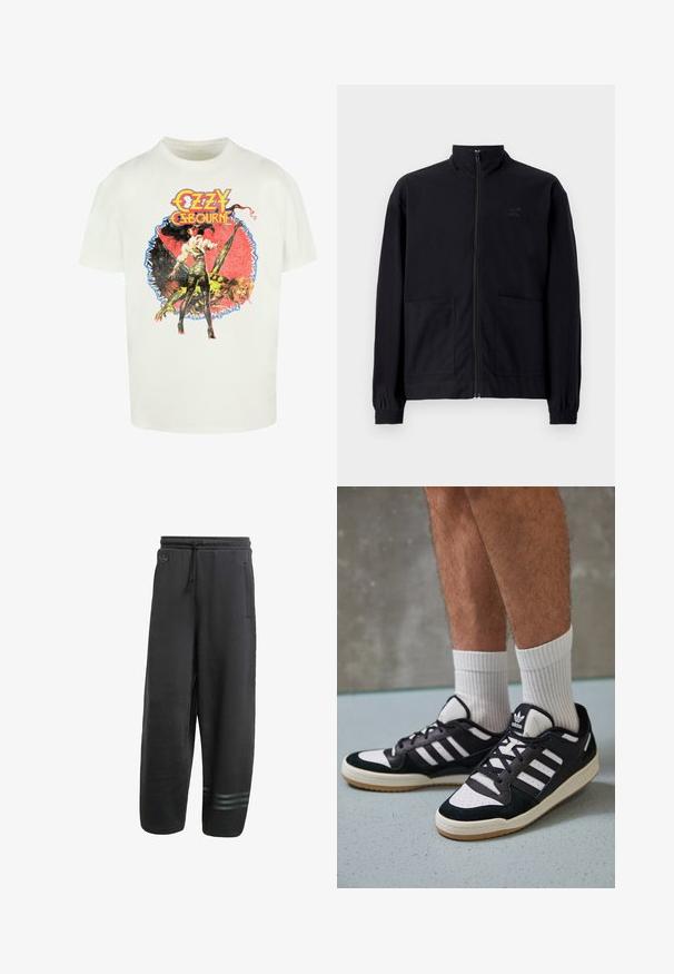 Sort zip-op jakke lavet af tekstureret stof med stående krave, to forlommer og elastiske manchetter. Diskret logo detalje.; Hvid bomuld T-shirt med et farverigt grafisk tryk af en kvinde og en skabning med teksten "Ozzy Osbourne" i fed, stiliserede bogstaver.; Sorte sweatpants med en afslappet pasform, elastisk talje, snørelukning, sidelommer og tre diskrete horisontale striber ved anklen.; Sorte og hvide sneakers med en overdel i ruskind og læder, der har tre hvide striber, en perforeret tå og en sål i gummigummi.