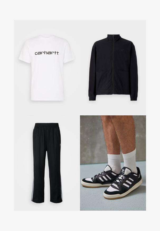 Jachetă zip-up neagră, realizată dintr-un material texturat, cu guler în picioare, două buzunare frontale și manșete elastice. Detaliu subtil cu logo.; Tricou alb din bumbac, cu mâneci scurte și guler rotund. Prezintă un logo mare "carhartt" de culoare maro închis, pe piept.; Pantaloni atletici negri cu talie elastică, având dungi albe pe laterale și un mic logo. Materialul pare moale și ușor.; Adidași negri și albi cu un superior din suede și piele, prevăzuți cu trei dungi albe, un vârf perforat și o talpă din cauciuc caramel.