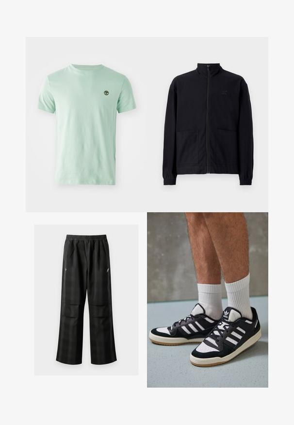 Černá zipová bunda vyrobená z texturované tkaniny, s vysokým límcem, dvěma předními kapsami a elastickými manžetami. Jemný detail loga.; Mátově zelené bavlněné tričko s kulatým výstřihem a krátkým rukávem. Na levé hrudi má malé tmavě zelené logo stromu. Hladká textura.; Černé kostkované kalhoty s elastickým pasem, dvěma předními kapsami a volným střihem se rovnými nohavicemi. Vyrobeny z lehkého materiálu.; Černobílé tenisky s vrchní částí z semišové a kožené kůže, včetně tří bílých pruhů, perforovaného špičky a podrážky z gumy.