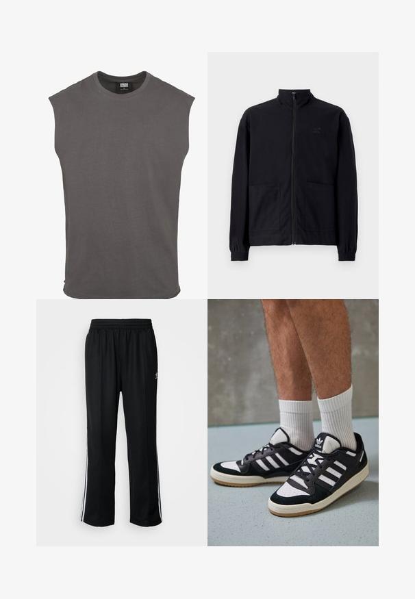 Černá zipová bunda vyrobená z texturované tkaniny, s vysokým límcem, dvěma předními kapsami a elastickými manžetami. Jemný detail loga.; Šedé bavlněné tričko s krátkým rukávem, kulatým výstřihem a uvolněným střihem. Jednoduchý design, měkká textura, žádné vzory ani viditelné doplňky.; Černé sportovní kalhoty s elastickým pasem, s bílými bočními pruhy a malým logem. Materiál vypadá měkce a lehce.; Černobílé tenisky s vrchní částí z semišové a kožené kůže, včetně tří bílých pruhů, perforovaného špičky a podrážky z gumy.
