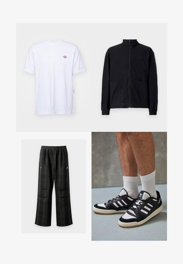 Melna zip-up jaka, izgatavota no struktūrētas auduma, ar stāvošu apkakli, divām priekšējām kabatām un elastīgām aprocēm. Diskreta logotipa detaļa.; Balta kokvilnas t-kreklu ar V veida kakla izgriezumu un īsām piedurknēm. Uz kreisā krūts ir neliels krāsains izšūts logo. Mīksta tekstūra.; Melnas kvadrātveida bikses ar elastīgu jostu, divām priekšējām kabatām un brīvu piegriezumu ar taisnām kājām. Izgatavotas no viegla materiāla.; Melnas un baltas kedas ar zamša un ādas augšdaļu, kas aprīkotas ar trim baltām svītrām, perforētu purngali un gumijas zolēm.
