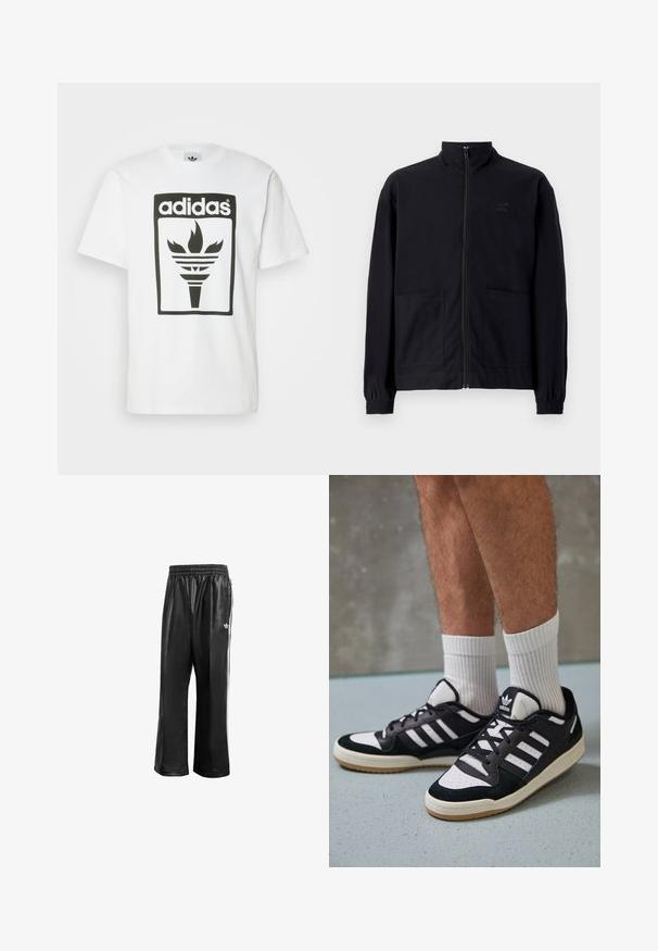 Black zip-up jacket made of textured fabric featuring a standing collar, two front pockets, and elasticized cuffs. Subtle logo detail.; White cotton t-shirt featuring a large black adidas logo graphic with a torch design inside a rectangular frame. Short sleeves, classic fit.; Black synthetic track pants with an elastic waistband, featuring white side stripes and a small white logo on the left hip.; Black and white sneakers with a suede and leather upper, featuring three white stripes, a perforated toe, and a gum rubber sole.