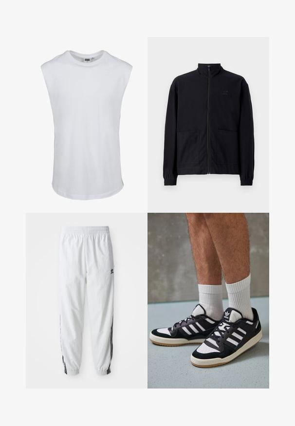 Zwarte zip-up jack van textuurstof met een staande kraag, twee voorzakken en elastische manchetten. Subtiel logo-detail.; Witte mouwloze t-shirt van katoen. Glad textuur met een ronde hals en een rechte zoom. Geen grafische afbeeldingen of extra details.; Witte sportbroek met zwarte zijstrepen, elastische tailleband en boorden; heeft het Adidas-logo op de linkerdij. Glad stoffen structuur.; Zwart-witte sneakers met een bovenwerk van suede en leer, voorzien van drie witte strepen, een geperforeerde neus en een rubberen gumzool.