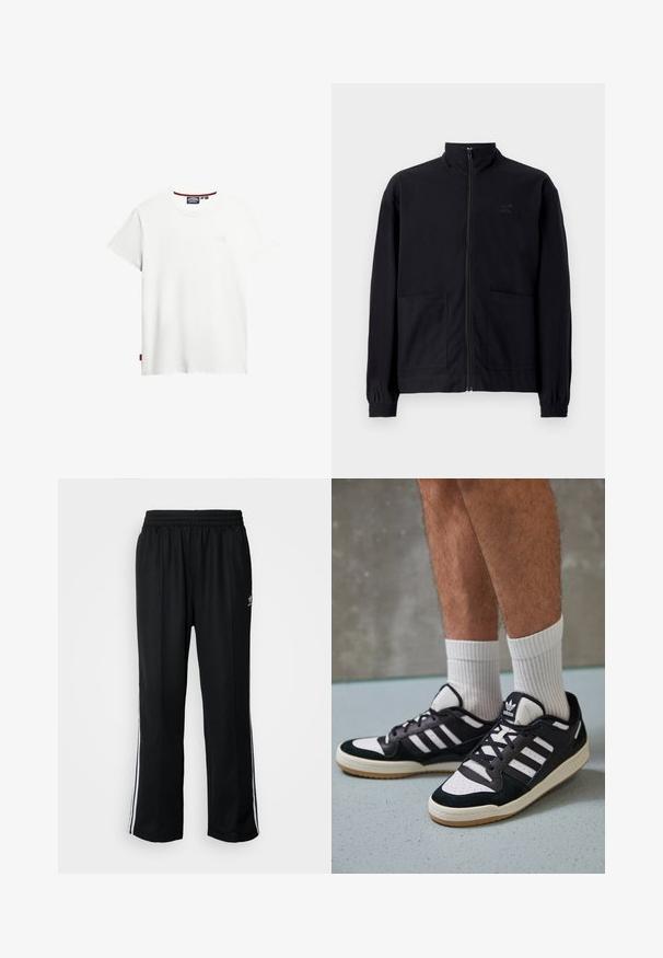 Black zip-up jacket made of textured fabric featuring a standing collar, two front pockets, and elasticized cuffs. Subtle logo detail.; White cotton t-shirt with a crew neck, short sleeves, and a subtle logo detail on the front. Includes a small red tag on the side.; Black athletic pants with an elastic waistband, featuring white side stripes and a small logo. Material appears soft and lightweight.; Black and white sneakers with a suede and leather upper, featuring three white stripes, a perforated toe, and a gum rubber sole.
