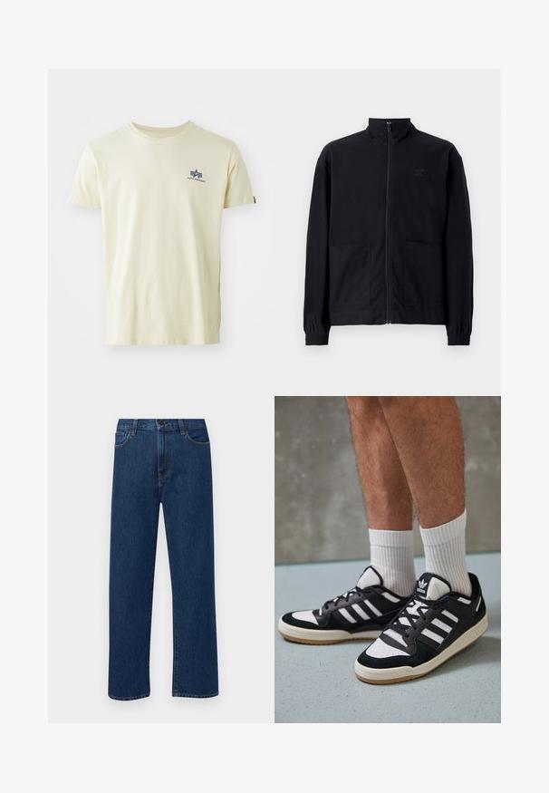 Melna zip-up jaka, izgatavota no struktūrētas auduma, ar stāvošu apkakli, divām priekšējām kabatām un elastīgām aprocēm. Diskreta logotipa detaļa.; Krēmbalts kokvilnas T-krekls ar zilu logotipu kreisajā krūtīs. Standarta apaļais izgriezums un īsās piedurknes bez jebkādiem rakstiem vai akcentiem.; Tumši zilas taisnas kājas denim bikses ar priekšējām kabatām un pogu aizdari, izvietotas uz vienkārša baltā fona.; Melnas un baltas kedas ar zamša un ādas augšdaļu, kas aprīkotas ar trim baltām svītrām, perforētu purngali un gumijas zolēm.