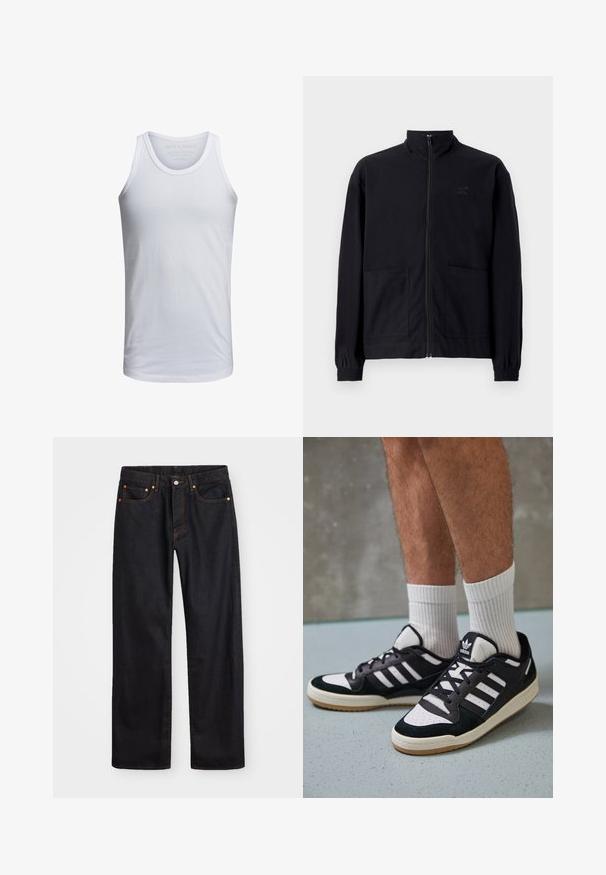 Black zip-up jacket made of textured fabric featuring a standing collar, two front pockets, and elasticized cuffs. Subtle logo detail.; White cotton tank top with a crew neckline, wide shoulder straps, and minimal branding printed inside the collar. Soft texture, casual fit.; Men’s straight-leg black denim jeans with five pockets and orange stitching, button and zip closure on front waistband.; Black and white sneakers with a suede and leather upper, featuring three white stripes, a perforated toe, and a gum rubber sole.