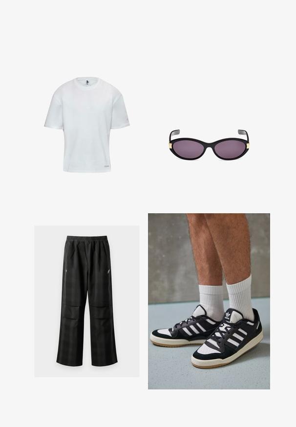 Schwarze Zip-Jacke aus strukturiertem Stoff mit Stehkragen, zwei Fronttaschen und elastischen Bündchen. Subtiler Logodruck.; Weißes Baumwoll-T-Shirt mit Rundhalsausschnitt und kurzen Ärmeln. Gerader Schnitt mit einem kleinen Logoakzent an der Seite. Glatte Textur.; Schwarze karierte Hosen mit elastischem Bund, zwei Fronttaschen und lockerer Passform im geraden Beinschnitt. Hergestellt aus leichtem Material.; Schwarz-weiße Sneaker mit einem Obermaterial aus Wildleder und Leder, ausgestattet mit drei weißen Streifen, einer perforierten Zehenpartie und einer Sohle aus Gummi.; Schwarze Katzenaugen-Sonnenbrille mit lila Linsen. Verfügt über goldene Akzente in der Nähe der Schläfen. Glatter Kunststoffrahmen mit glänzender Oberfläche.