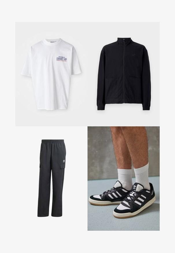 Schwarze Zip-Jacke aus strukturiertem Stoff mit Stehkragen, zwei Fronttaschen und elastischen Bündchen. Subtiler Logodruck.; Weißes Baumwoll-T-Shirt mit kurzen Ärmeln, Rundhalsausschnitt und einem bedruckten Logo in Blau und Rot auf der linken Vorderseite.; Schwarze Cargo-Hosen mit einem elastischen Bund, zwei Seitentaschen und einem dezenten Logo auf dem linken Oberschenkel. Hergestellt aus einem leichten Stoff.; Schwarz-weiße Sneaker mit einem Obermaterial aus Wildleder und Leder, ausgestattet mit drei weißen Streifen, einer perforierten Zehenpartie und einer Sohle aus Gummi.