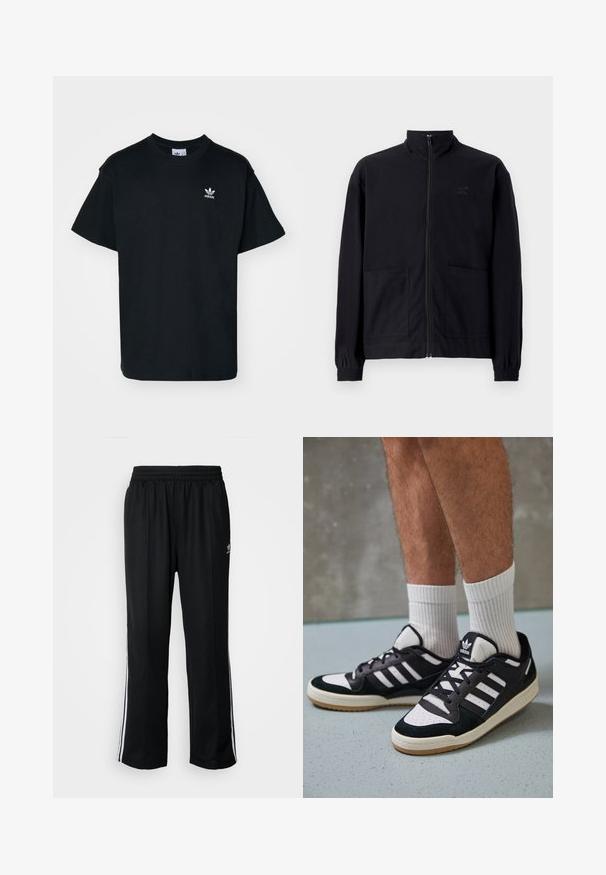 Μαύρο μπουφάν με φερμουάρ από υφασμάτινη υφή, διαθέτει όρθιο γιακά, δύο μπροστινές τσέπες και ελαστικούς ρυθμιστές στους καρπούς. Διακριτική λεπτομέρεια λογότυπου.; Μαύρο βαμβακερό μπλουζάκι με στρογγυλή λαιμόκοψη και κοντά μανίκια, με ένα μικρό άσπρο λογότυπο Adidas στην αριστερή πλευρά του στήθους.; Μαύρο αθλητικό παντελόνι με ελαστική μέση, διαθέτει λευκές ρίγες στο πλάι και ένα μικρό λογότυπο. Το υλικό φαίνεται μαλακό και ελαφρύ.; Μαύρα και λευκά αθλητικά παπούτσια με άνω μέρος από σουέτ και δέρμα, featuring τρεις λευκές ρίγες, περατά δάχτυλα και σόλα από καουτσούκ τύπου γκαστ.