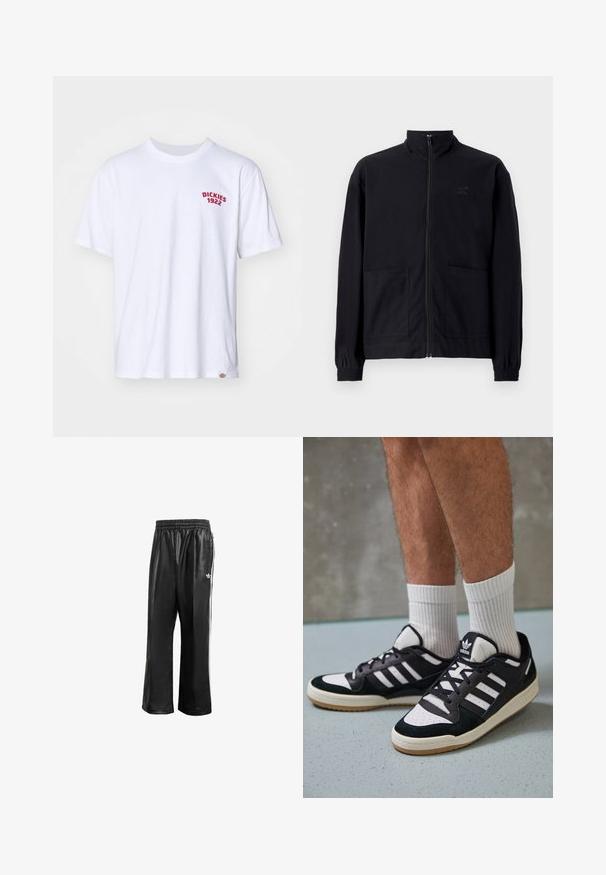 Melna zip-up jaka, izgatavota no struktūrētas auduma, ar stāvošu apkakli, divām priekšējām kabatām un elastīgām aprocēm. Diskreta logotipa detaļa.; Balta kokvilnas T-kreklu ar īsām piedurknēm, kuram uz kreisā krūša ir sarkans izšūts logotips "DICKIES 1922"; ar ribotiem apaļiem kakla izgriezumiem.; Melnas sintētiskas sporta bikses ar elastīgu jostasvietu, ar baltām sānu svītrām un mazu baltu logo kreisajā gurnā.; Melnas un baltas kedas ar zamša un ādas augšdaļu, kas aprīkotas ar trim baltām svītrām, perforētu purngali un gumijas zolēm.